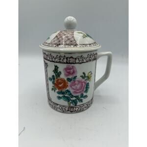 Vintage Chinese Porcelain Lidded Mug – Floral Rose Pattern – 4.5” Tall – Marked